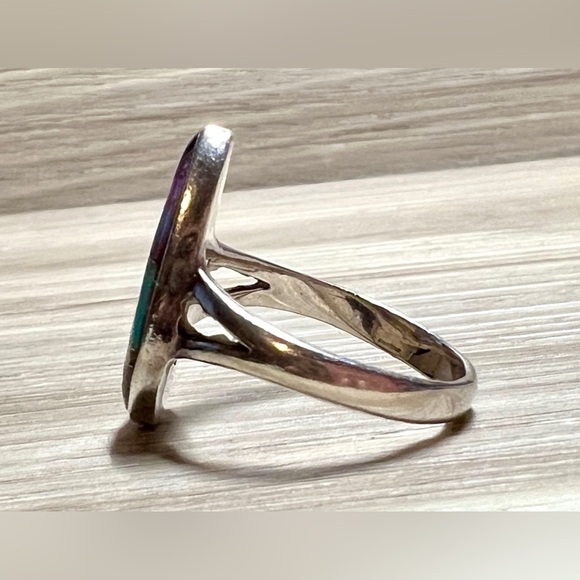 Vintage Native American Sterling Silver Turquoise Onyx & Opal Mosaic Inlay Ring - Picture 3 of 10